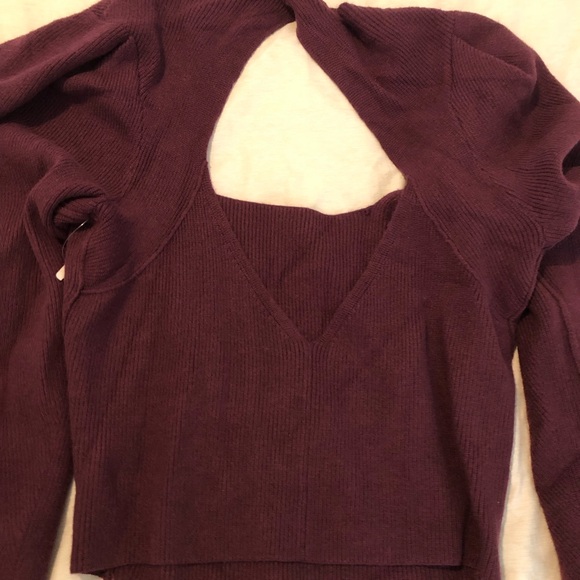 Free people sweater cut out dark red puff sleeve new - Picture 11 of 12